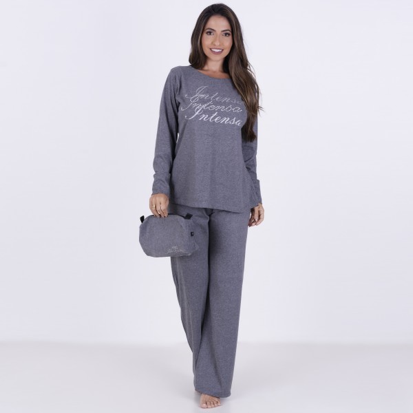 Pijama Longo em Algodão Com Estampa em Silk + Strass