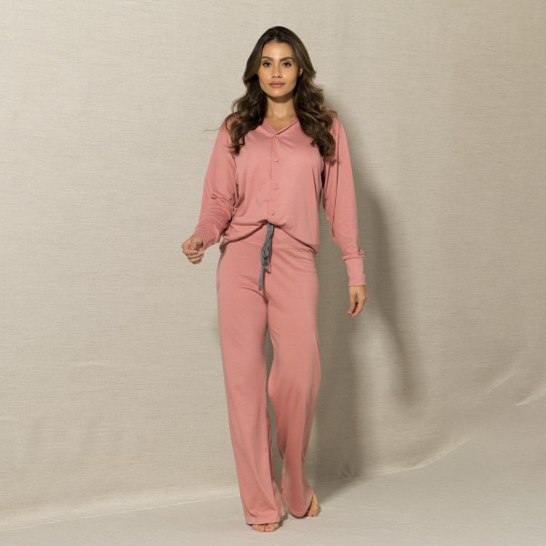 Pijama Manga Longa com Botões em Algodão Egípcio Romance