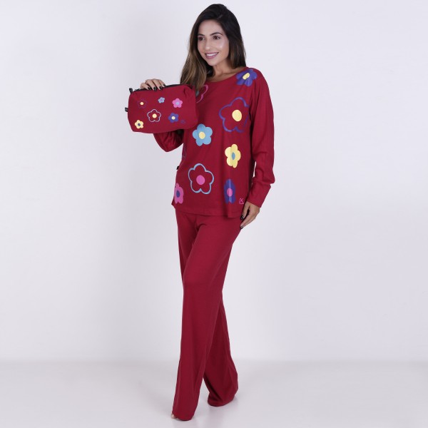 Pijama Longo Algodão com Estampa em Silk + Necessaire